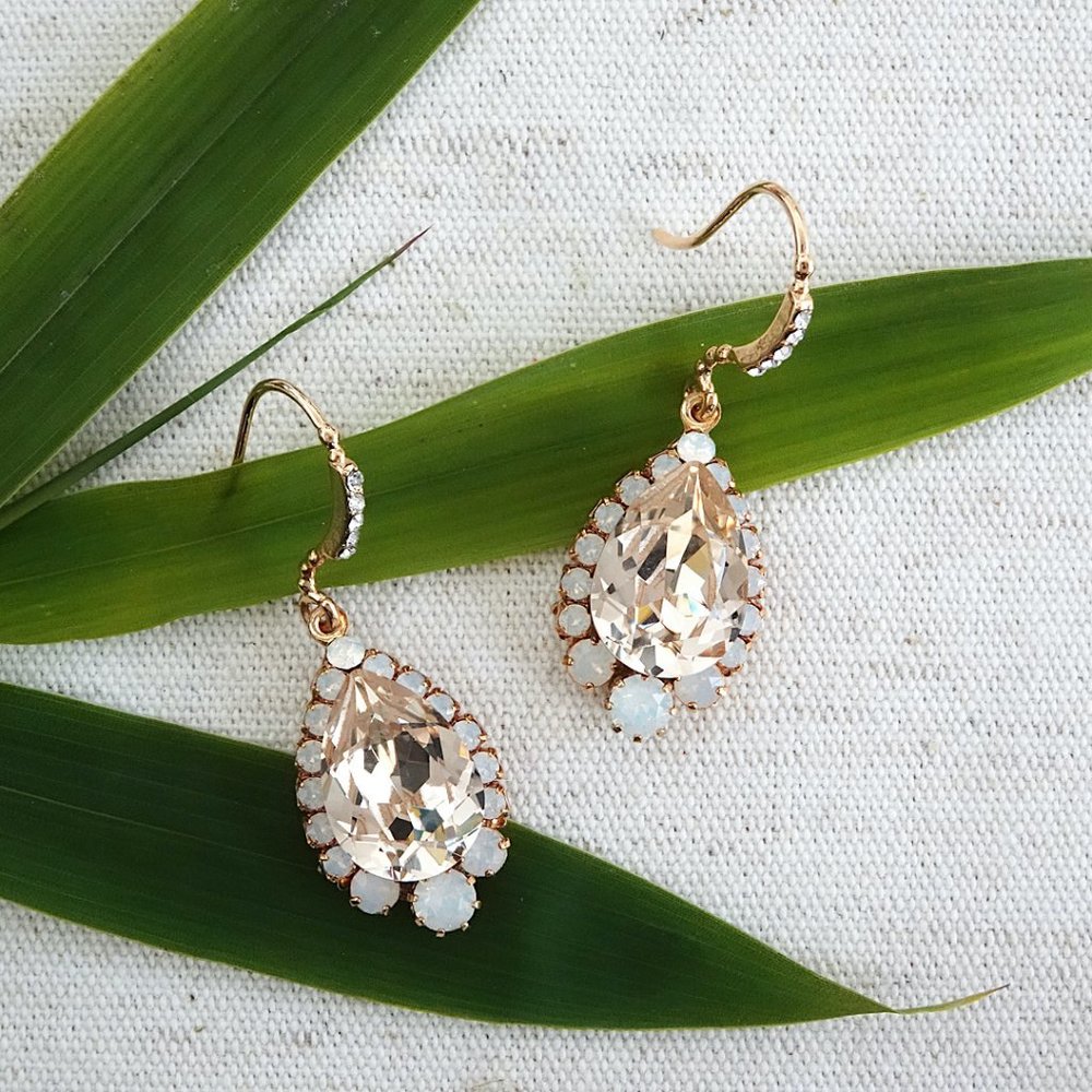 Haute Bride Teardrop Earrings, Silk, White Opal Crystals, Gold Plated, NWT